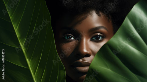 A close-up portrait of a beautiful black woman standing behind green leaves. Advertising concept.
