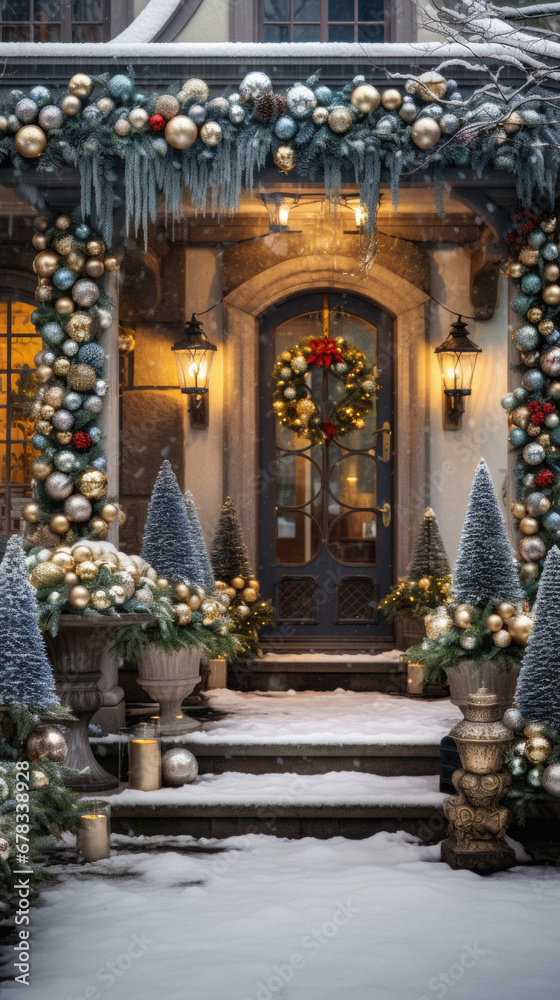 Beautiful decorated entrance to a house with Christmas tree in the foreground.