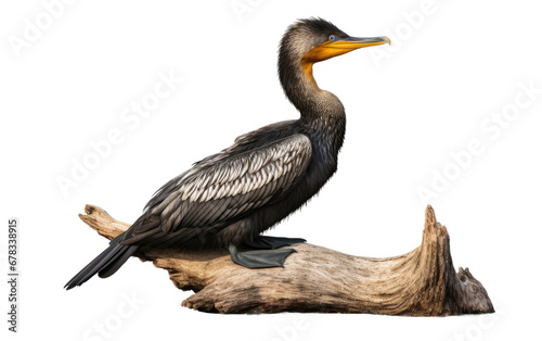 Beautiful Black Cormorant Sitting on a Wood on a Clear Surface or PNG Transparent Background.