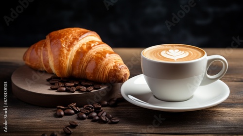 a cup of coffee next to a plate with a pastry on it a simple style and background