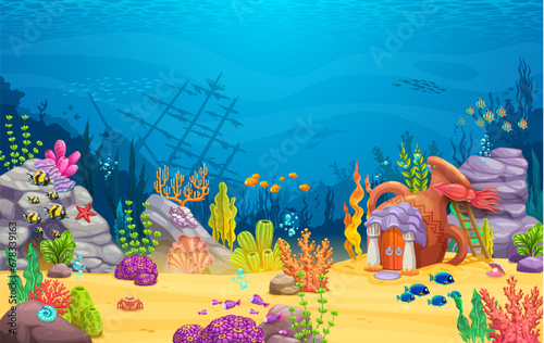 Game level. Cartoon underwater landscape with sunken ship and amphora house building. Vector fantasy background with mermaid home. Fairytale dwelling with greek columns and and seaweeds on sea bottom