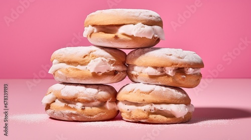 a pile of cream filled cookies on a pink background with a bite taken out of one 