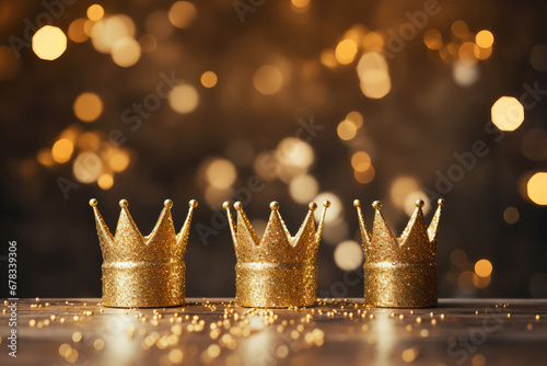 Obraz na płótnie Happy Epiphany day. Three royal crowns on golden bokeh background