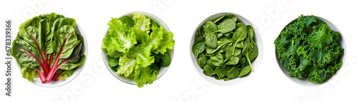 Top view of chard, lettuce, spinach and kale in bowls over isolated transparent background photo
