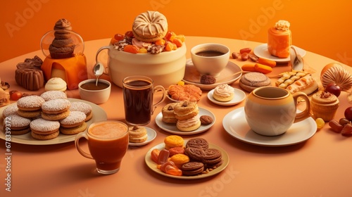 A breakfast table with coffee, cookies and sweets