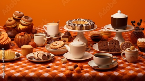 A breakfast table with coffee, cookies and sweets