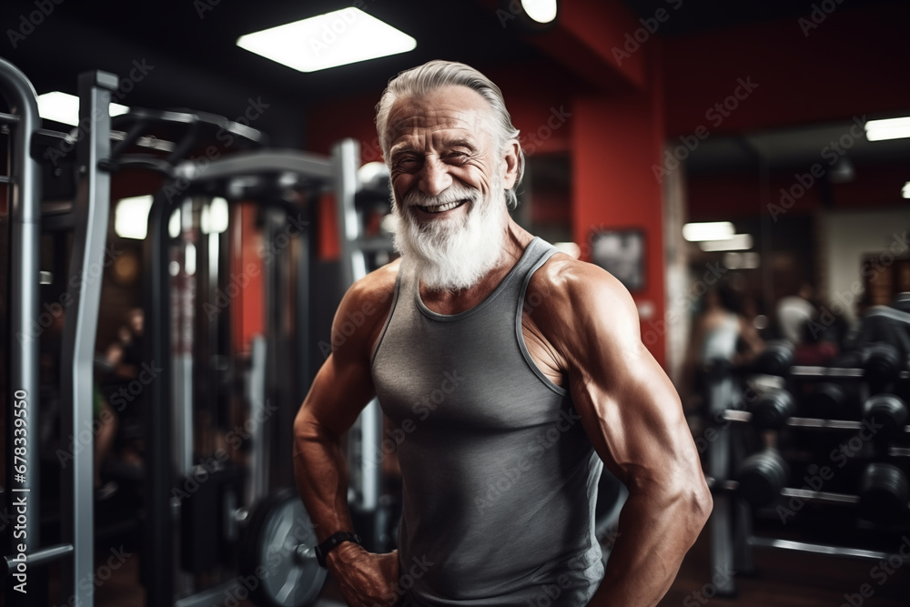 Fitness man at workout. Elderly pensioner old man smiling in gym. 60-70 Year Old Bodybuilder. Funny old grandfather in gym. Pensioner with smile lifts weight in sports club. Muscular bodybuilder gym Fitness man at workout. Elderly pensioner old man smiling in gym. 60-70 Year Old Bodybuilder. Funny old grandfather in gym. Pensioner with smile lifts weight in sports club. Muscular bodybuilder gym