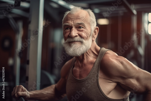 Fitness man at workout. Elderly pensioner old man smiling in gym. 60-70 Year Old Bodybuilder. Funny old grandfather in gym. Pensioner with smile lifts weight in sports club. Muscular bodybuilder gym