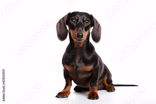 A wire-haired Dachshund  aloofly perched on a white surface.