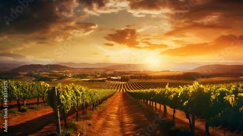 Charming Vineyard Landscape Under a Golden Sunset, Enhanced with Warm and Earthy Tones to Evoke a Romantic and Idyllic Ambiance