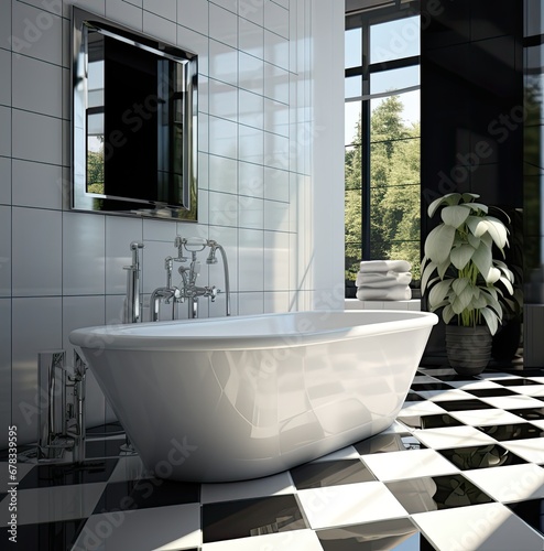Modern black and white bathroom in minimalist style, with a large bathtub, a window and a green potted plant.