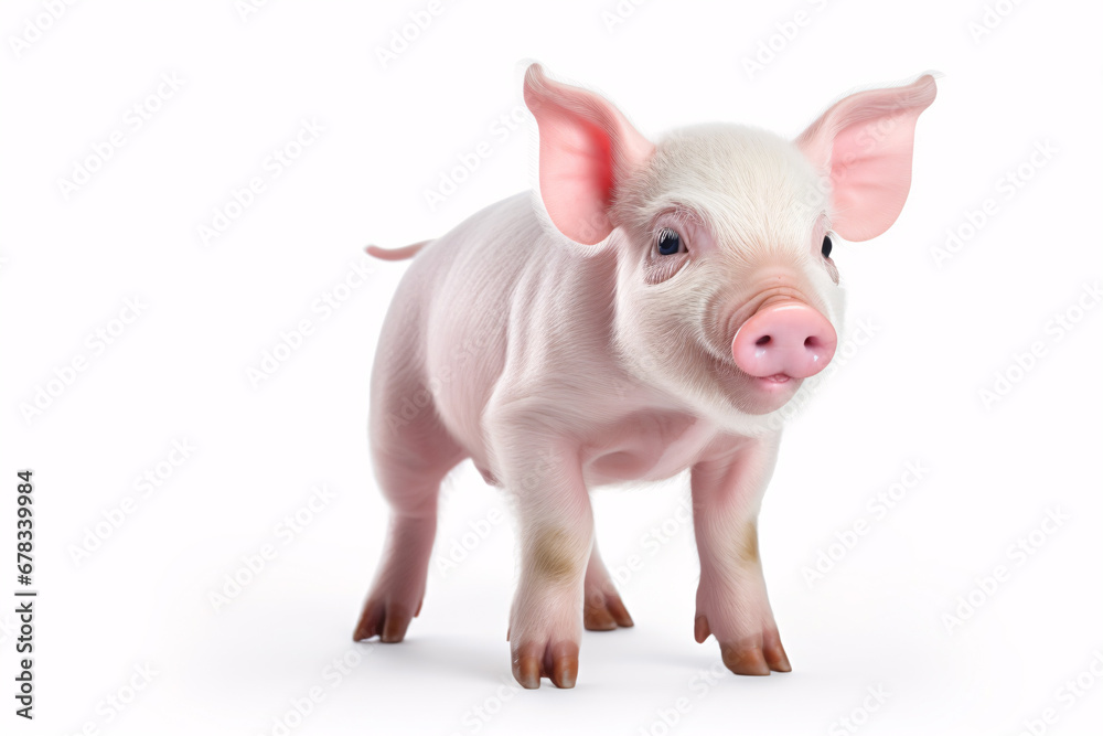 Naklejka premium An elated piglet, beaming, is alone on a pristine white backdrop.
