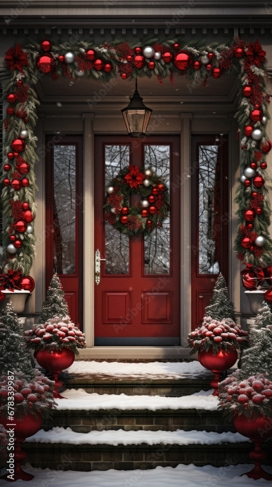 Of a front door decorated for Christmas with red ornaments.