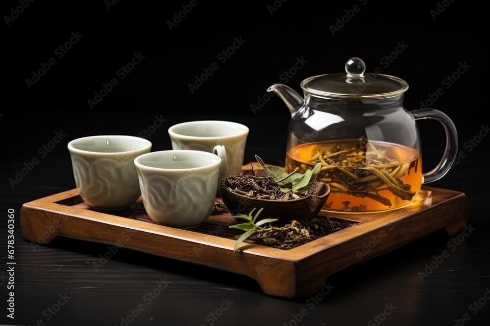 Fototapeta premium Hot Teapot And Teacups On wooden Mat. AI Generated