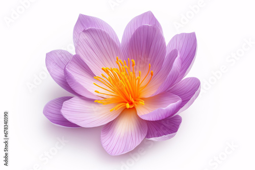 A Crocus sativus bloom  colored saffron  stands isolated against a white backdrop.