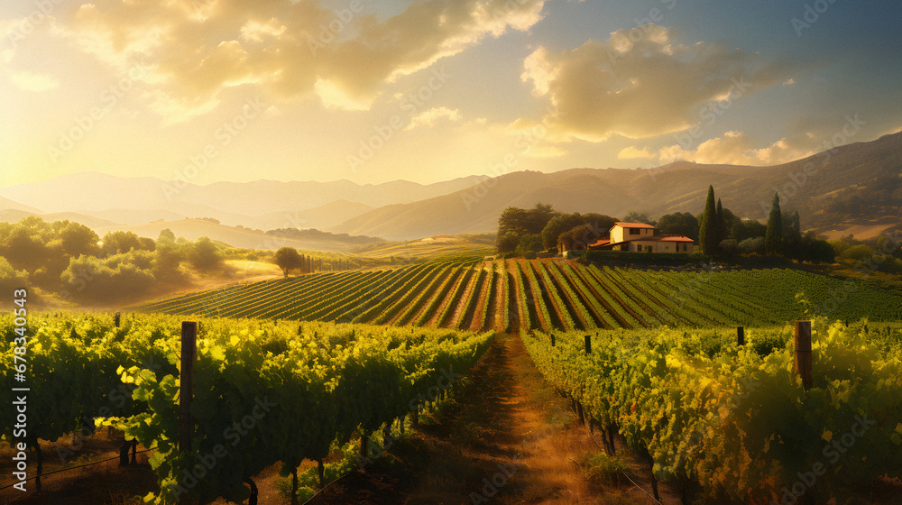 Charming Vineyard Landscape Under a Golden Sunset, Enhanced with Warm and Earthy Tones to Evoke a Romantic and Idyllic Ambiance