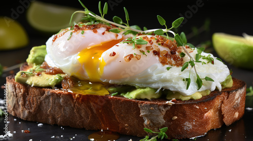 Satisfying wholemeal toast topped with creamy avocado, poached egg, and light cream cheese for a nutritious morning meal. photo