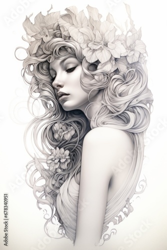 illustrazione donna capelli bianchi bionda eterea vestito bianco astratta disegno matita linee photo