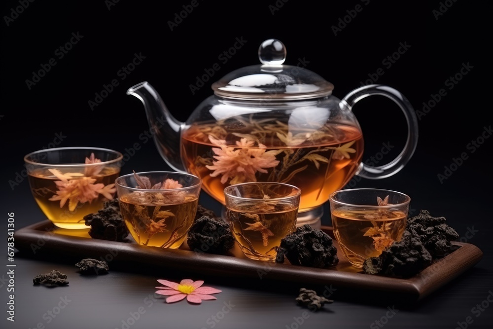 Hot Teapot And Teacups On wooden Mat. AI Generated Hot Teapot And Teacups On wooden Mat. AI Generated