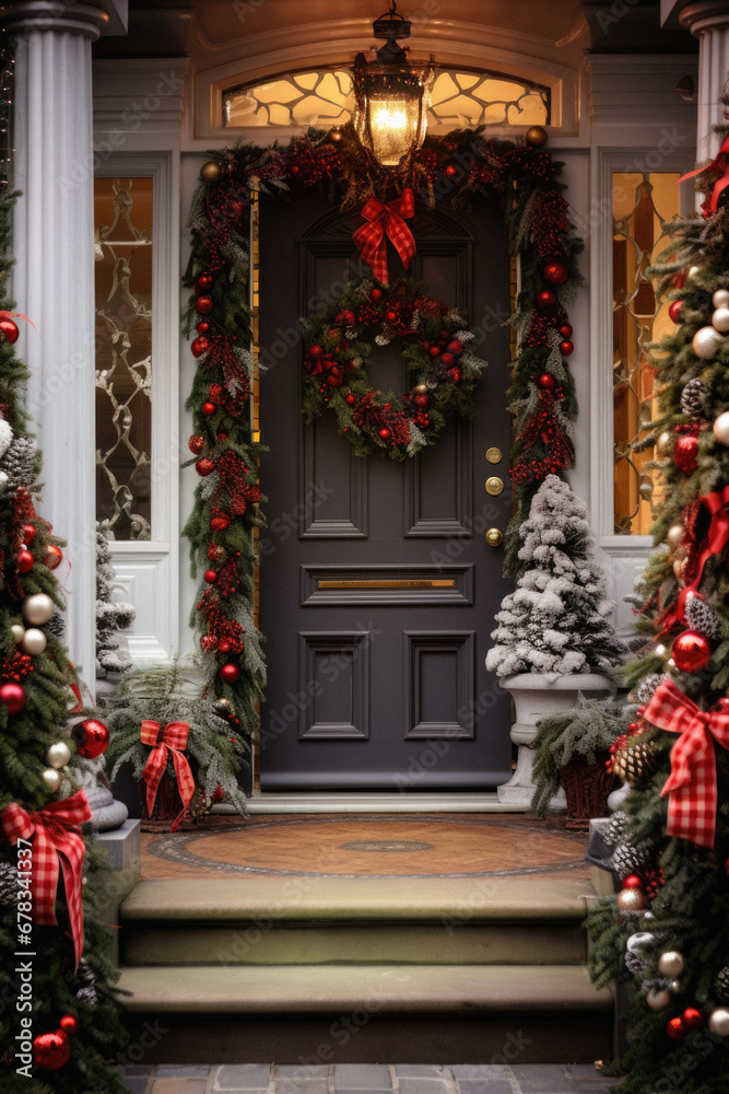 Beautifully decorated front door of a house with Christmas wreath. Beautifully decorated front door of a house with Christmas wreath.