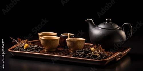 Hot Teapot And Teacups On wooden Mat. AI Generated