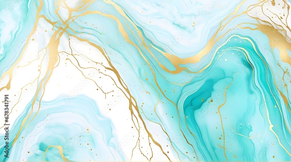 Pastel cyan mint liquid marble watercolor background with gold lines and brush stains