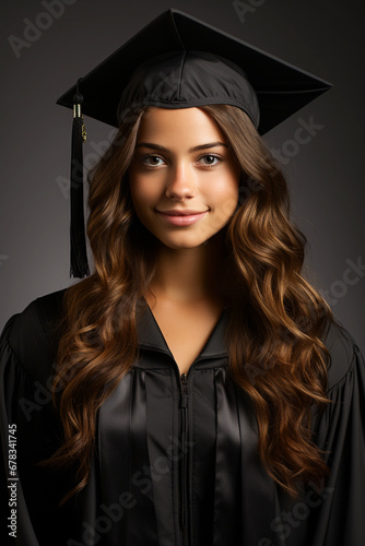 portrait of a young female graduate in full academic graduation or doctoral robe