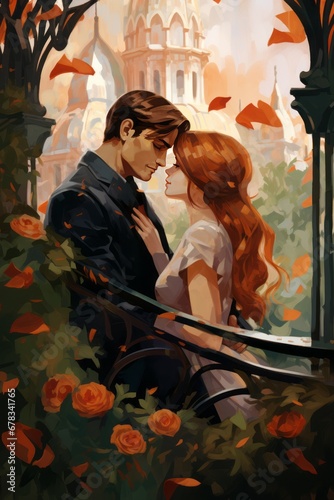 illustrazione bacio coppia amanti capelli lunghi rossi abiti eleganti sfondo castello bianco cornice giardino rose foglie cadenti  photo