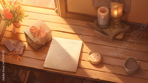 A_woman_with_a_parcel_standing_at_a_wooden_table