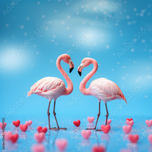 Trendy love composition with two pink flamingos forming a heart on blue pastel background. Valentine's day concept