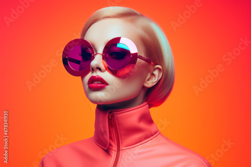 Beautiful blonde girl with pink glasses and pink leather suit. Retro futuristic fashion idea.