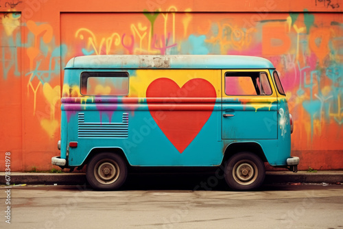 A vintage car with a heart. Retro  minimal  inspired by love and Valentine s Day.