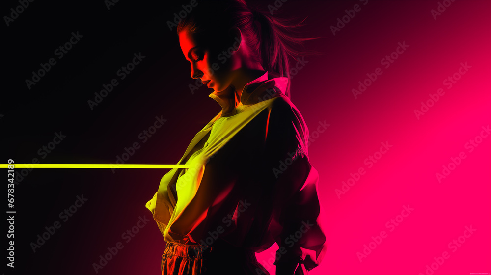 portrait fashionable girl with neon lighting studio photo shoot advertising banner concept. modern business card concept, copy space for your advertisement. 