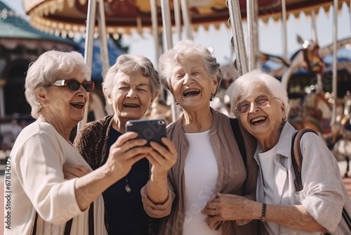Group of happy grannies making selfie in amusement park. photo