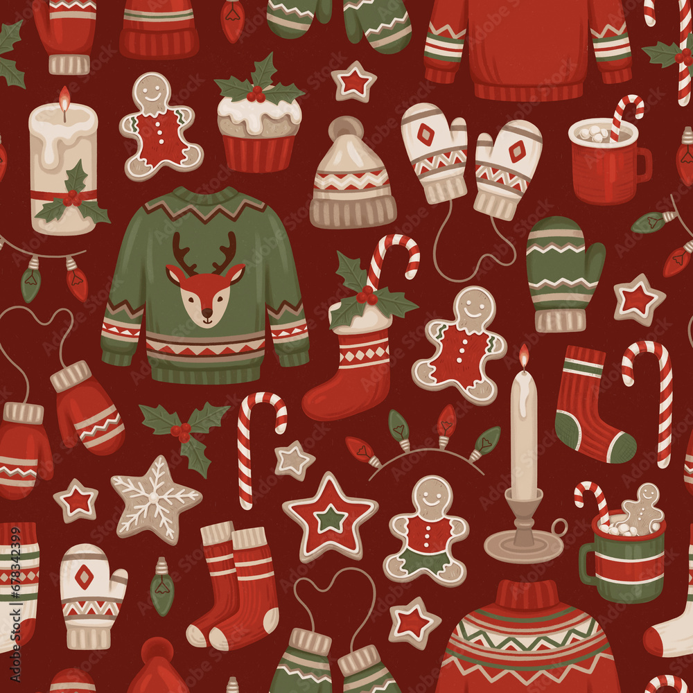 Seamless pattern with Christmas decorations, clothes, drinks and desserts. Hygge time. Perfect for wrapping paper, packaging design, seasonal home textile, greeting cards and other printed goods