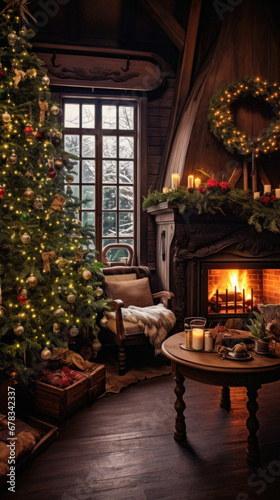 Beautiful living room decorated for Christmas with a fireplace and Christmas tree.