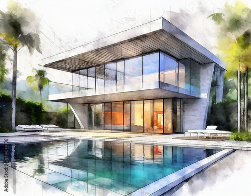 Illustration of a luxury home with pool