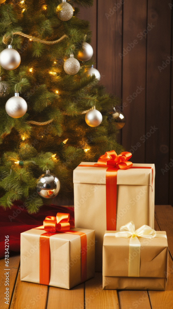 Christmas tree and gifts on the wooden background. Selective focus. Christmas tree and gifts on the wooden background. Selective focus.