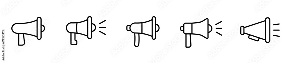 Megaphone icons set. Electric megaphone with sound or marketing advertising. Announcement sign isolated set on white background. Vector Megaphone icons set. Electric megaphone with sound or marketing advertising. Announcement sign isolated set on white background. Vector