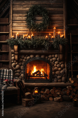 Interior of an old wooden house with fireplace and christmas wreath.
