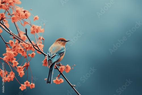 Simple and minimalist abstract multi-colored bird on a branch and flowers. Modern wallpaper. Generative AI, AI photo