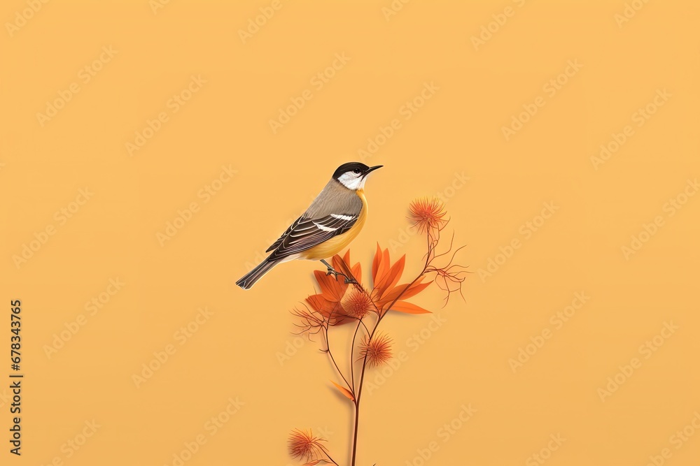 Fototapeta premium Simple and minimalist abstract multi-colored bird on a branch and flowers. Modern wallpaper. Generative AI, AI