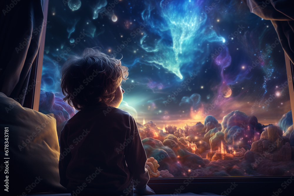 Illustration of A kid looking out at at the window, at fairy fantasy beautiful world, magic fairy world, midnight time, imagination and dream concep. Poster, postcard.