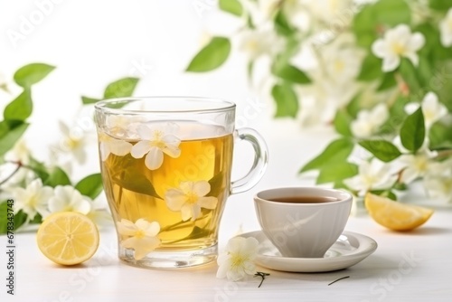 cup of jasmine tea and flowers on light background. AI Generated