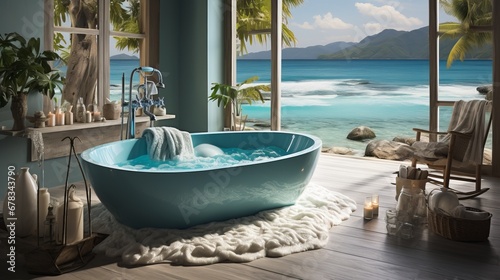 Bathroom overlooking the tropical beach. A bright blue bathtub installed on a floor that imitates the seabed with stones and clear water. Concept: hygiene, relaxation  © Neuro architect
