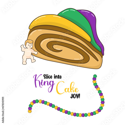 King cake slice covered with colorful glaze and baby toy. Celebrate festive and delicious Mardi Gras carnival. Vector illustration.