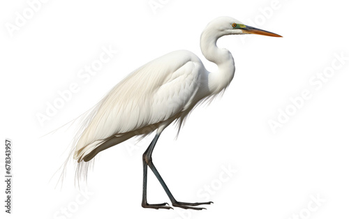 Egret Bird in White Color Standing with His Long Feet on a Clear Surface or PNG Transparent Background.
