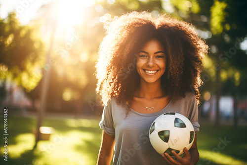 Fototapeta Young afro female soccer player happy and smiling, holding soccer ball in her hands