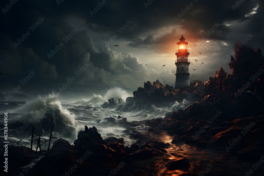 Majestic Lighthouse in Stormy Night: Waves Crashing, Sky Illuminated - obrazy, fototapety, plakaty 