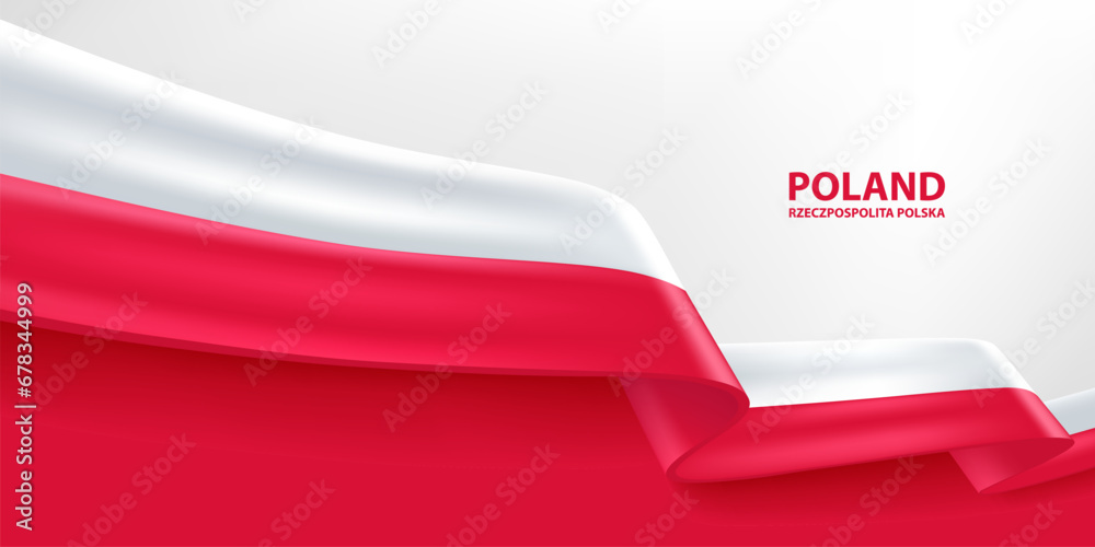 Poland 3D ribbon flag. Bent waving 3D flag in colors of the Poland national flag. National flag background design. - obrazy, fototapety, plakaty 